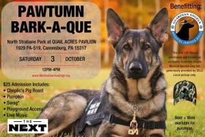 Poster for PAWTUMN BARK-A-QUE fundraiser showing a German Shepherd in a vest with event details (Oct 3, 12–4 PM, North Strabane Park) and Guardian Angels Medical Service Dogs logo accessible to screen readers the key purpose and logistics.