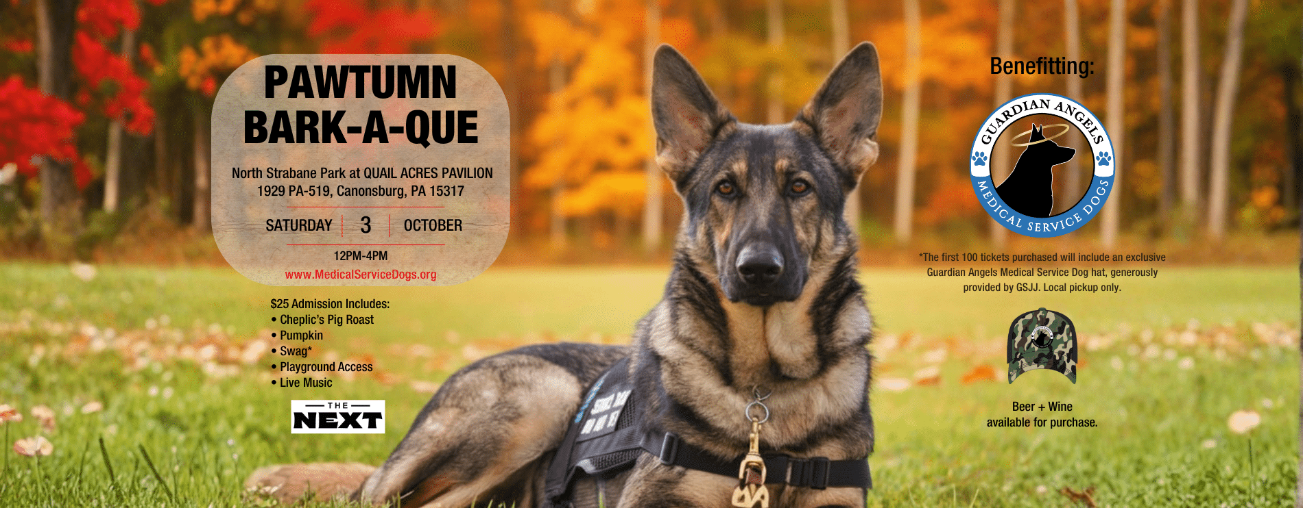 Autumn-themed event flyer over a German shepherd in a vest, detailing Pawtumn Bark-A-Que fundraiser and Guardian Angels logo in the background.